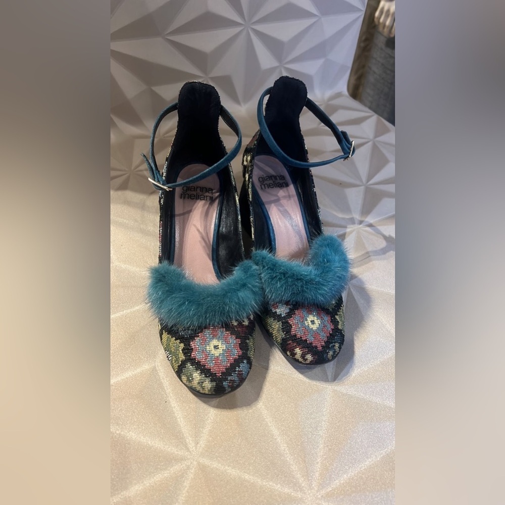 Made in Italy Bohemia artisanal Gianna Meliani Multicolor Heels teal fur accents